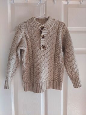 Cat & Jack Kid's Beige Cable Knit Crewneck Sweater with Button Placket